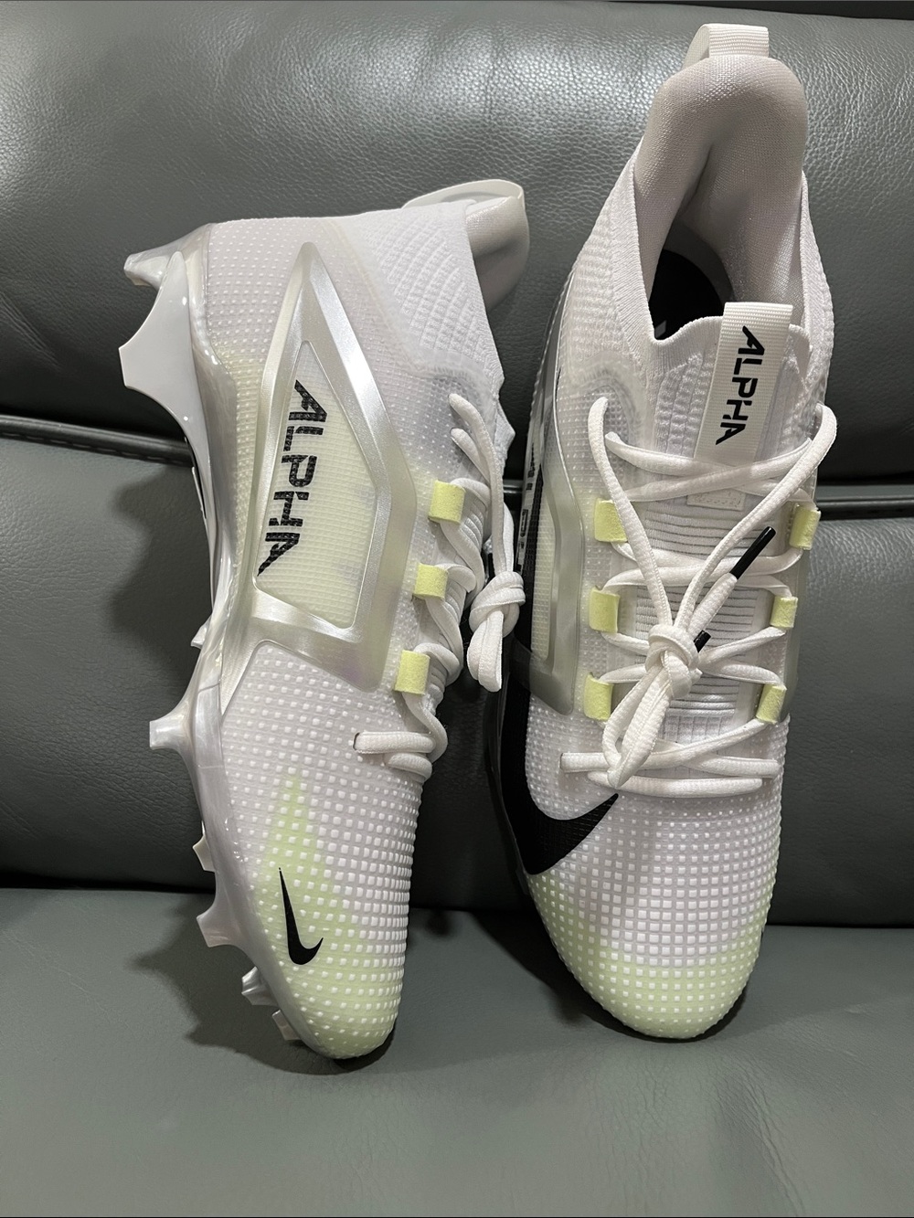 Nike Men’s White & Black Alpha Football Cleats with Neon Yellow Accents